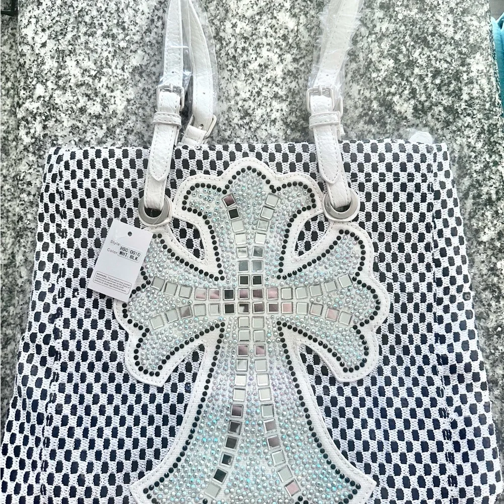 NWT White Woven Tote Bag with Decorative Cross Accent